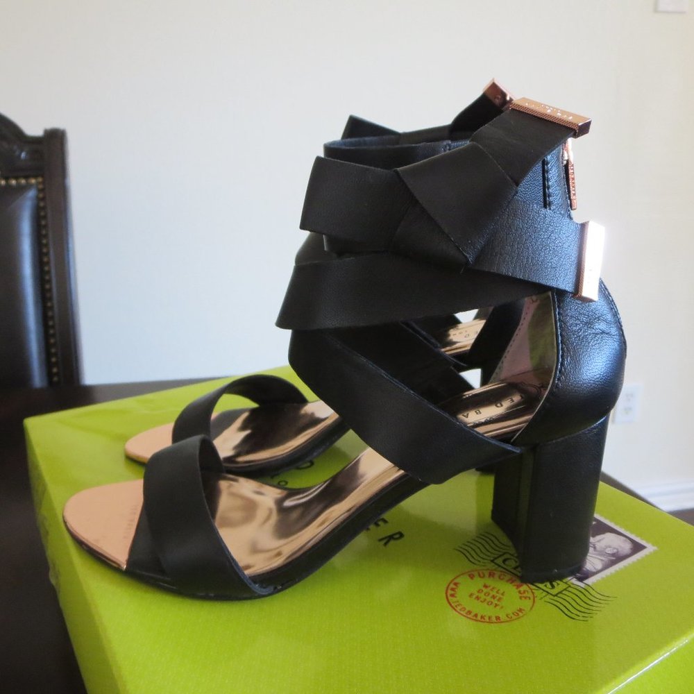Ted Baker Peyepa Black Leather Block Heel Bow Sandals Shoes EUR 37.5 / US 7